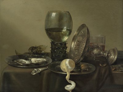 Stilleven met oesters, een kelk, een citroen en een zilveren kom door Willem Claesz. Heda